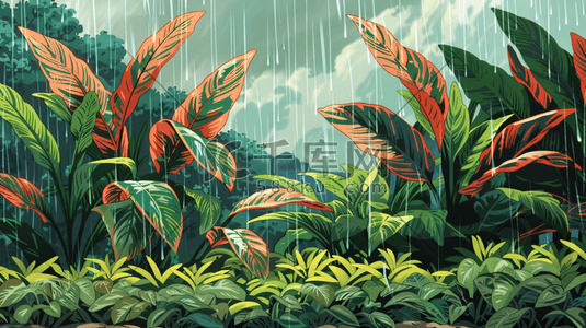 香蕉植物插画图片_雨中茂密的丛林插画