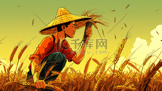 丰收的农民插画图片_丰收拿着麦穗的农民插画27