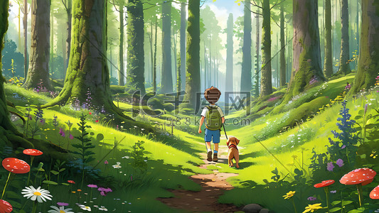 在森林里散步的小男孩素材