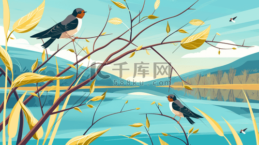 枝叶无缝插画图片_春天湖泊旁枝叶上的小鸟插画