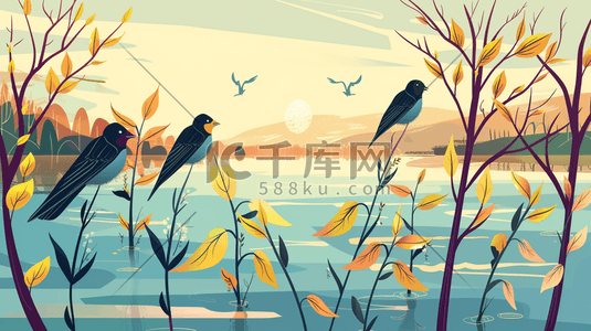 春季草丛小鸟插画图片_春天湖泊旁枝叶上的小鸟插画