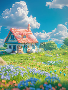 蓝天白云可爱小房子草原图片