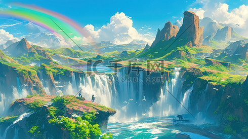 郊外美丽的彩虹瀑布原创插画