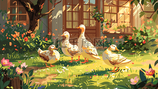 花园院子中的鸭子插画4