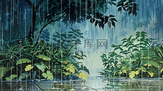 棕榈树插画图片_雨中茂密的丛林插画
