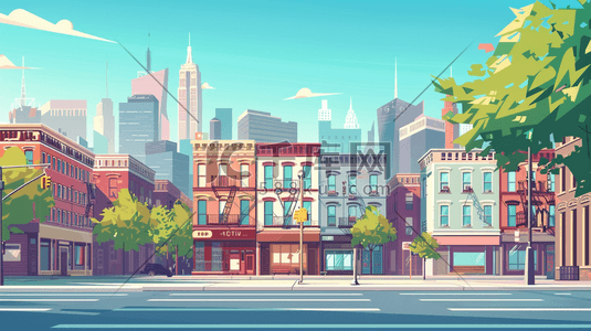 彩绘城市地标插画图片_纽约街道与道路城市建筑插画