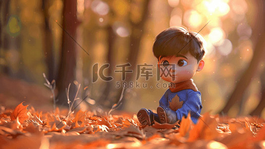 可爱的小孩插画图片_3D坐在森林落叶地面上的小男孩插画