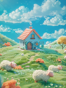 蓝天白云可爱小房子草原图片