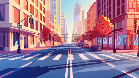 旗帜道路插画图片_纽约街道与道路城市建筑插画