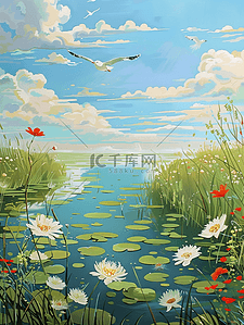 浮萍一道开插画图片_手绘夏季荷花池塘荷叶荷花海报插画海报