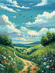 插图手绘插图插画图片_海报夏季风景弯曲小路植物手绘插图