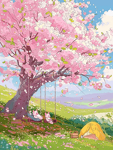 有花的草地插画图片_手绘盛开樱花风景唯美插画海报