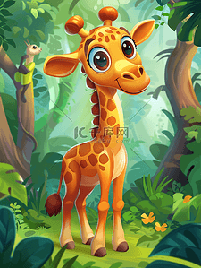 长颈鹿边框插画图片_森里面的可爱长颈鹿插画