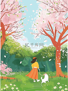 粉色小花插画图片_夏季樱花树风景唯美手绘插画海报