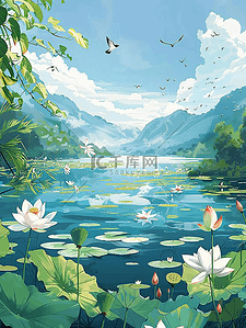 国潮白花插画图片_荷花夏季池塘荷花荷叶手绘海报原创插画