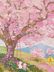 手绘樱花唯美插画图片_盛开樱花唯美手绘插画风景海报