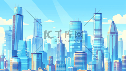 商务城市蓝色插画图片_蓝色科技感城市建筑风景插画