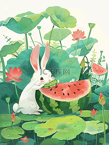 白色的兔子插画图片_夏季风景荷叶小兔西瓜插画海报手绘