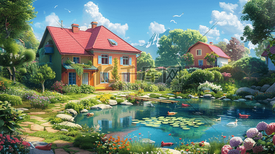 池塘边插画图片_3D森林湖泊旁的房子插画
