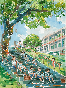 夏天手绘读书校园里插画海报