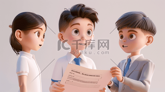 三个穿校服的孩子插画图片_3D三个可爱的学生插画