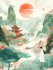 唯美古插画图片_夏天手绘风景唯美插画海报