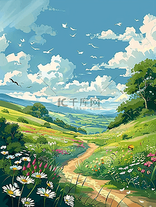 夏季风景弯曲小路手绘植物海报插画海报