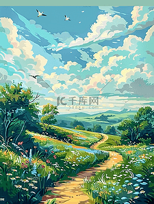 飞来飞去的虫子插画图片_植物夏季风景弯曲小路手绘海报插画图片