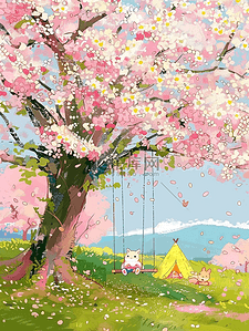 粉色手绘卡通动物插画图片_盛开海报樱花风景唯美手绘插画