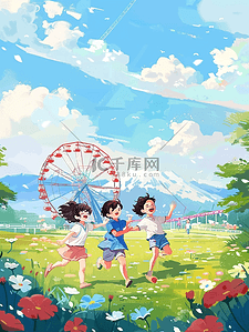 夏季海报插画图片_孩子玩耍卡通手绘插画夏季海报