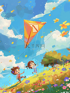 创意喜庆海报插画图片_可爱孩子放风筝手绘海报插画