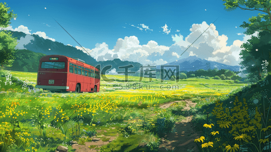 一辆红色的巴士行驶穿过黄色花田插画
