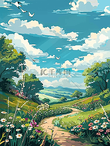 弯曲的波动曲线插画图片_夏季风景弯曲小路手绘植物海报图片