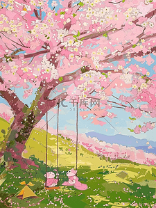 盛开插画樱花风景唯美手绘海报
