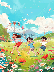 夏季孩子玩耍插画卡通手绘海报