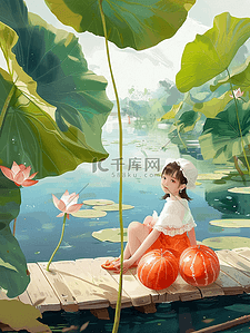 夏季唯美插画女孩西瓜手绘海报