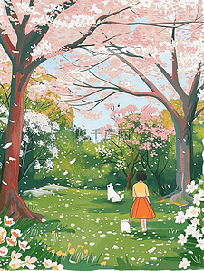 樱花树风景唯美手绘插画海报夏季