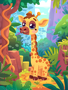 绿树动物插画图片_森里面的可爱长颈鹿插画