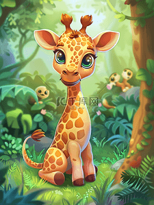 绿树动物插画图片_森里面的可爱长颈鹿插画