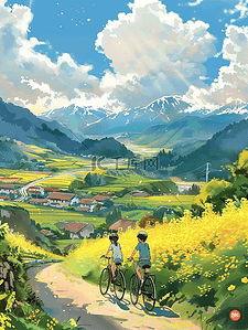 骑自行车卡通女孩插画图片_手绘夏季田间风景插画海报
