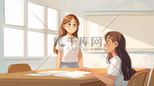 虚拟课室插画图片_课室里闲聊的女生们插画