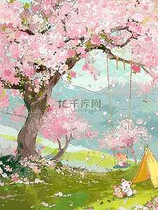 盛开樱花唯美手绘风景插画海报