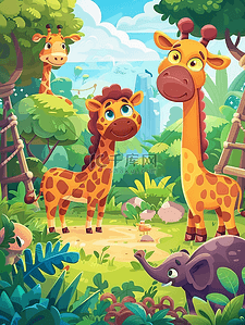 森里面的可爱长颈鹿插画
