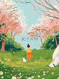 夏季插画樱花树风景唯美手绘海报