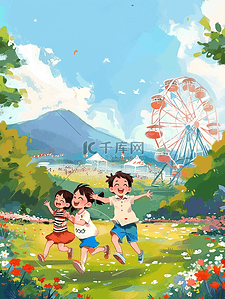 小小学生插画图片_夏季卡通孩子玩耍手绘插画海报