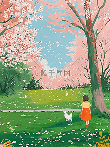 夏季樱花树手绘风景唯美插画海报
