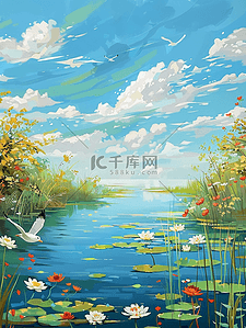 荷叶手绘插画图片_荷花池塘荷花荷叶手绘海报夏季插图