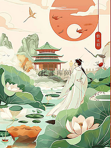 风景唯美夏天手绘插画海报