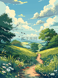 开天插画图片_风景蓝天白云手绘插画夏天海报