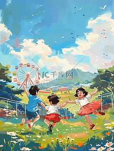 孩子玩耍夏季卡通手绘插画海报